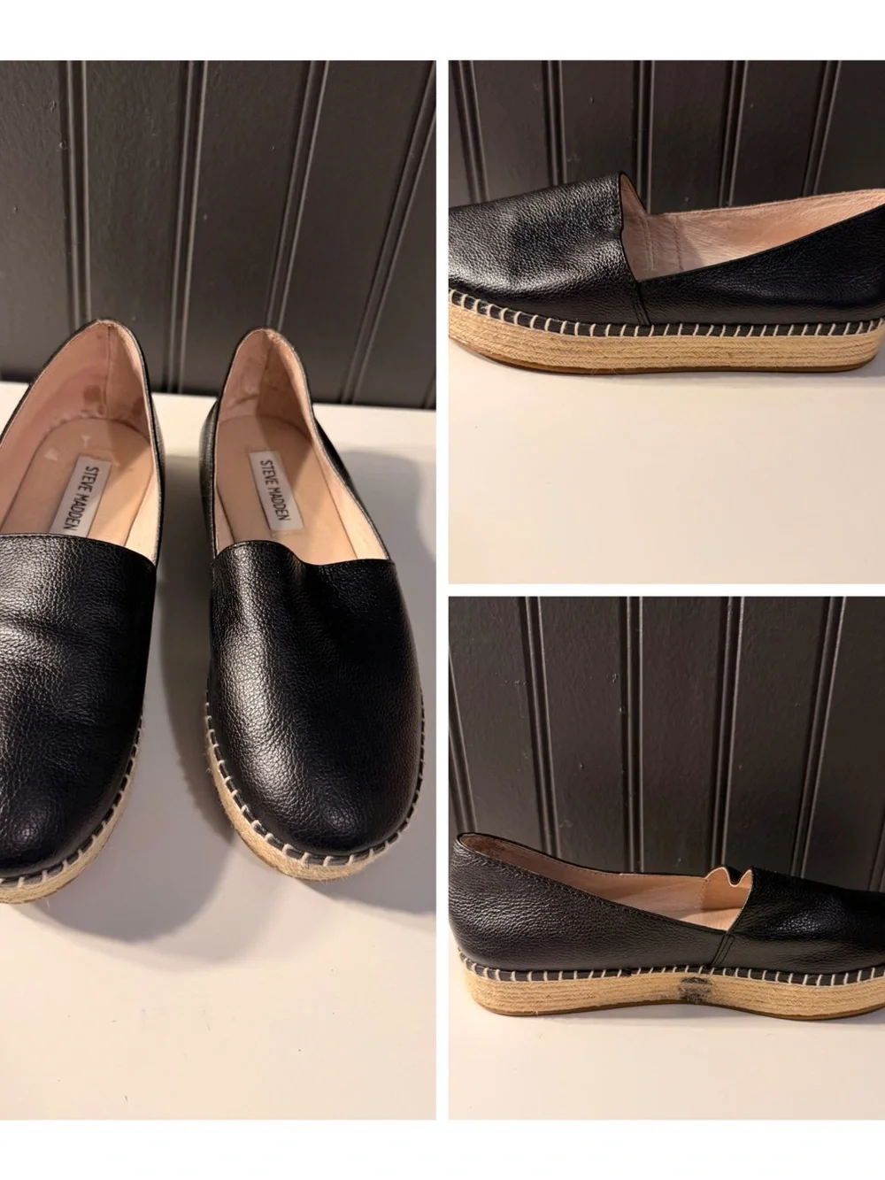Steve Madden Black Leather Espadrille Slip-On Loafers